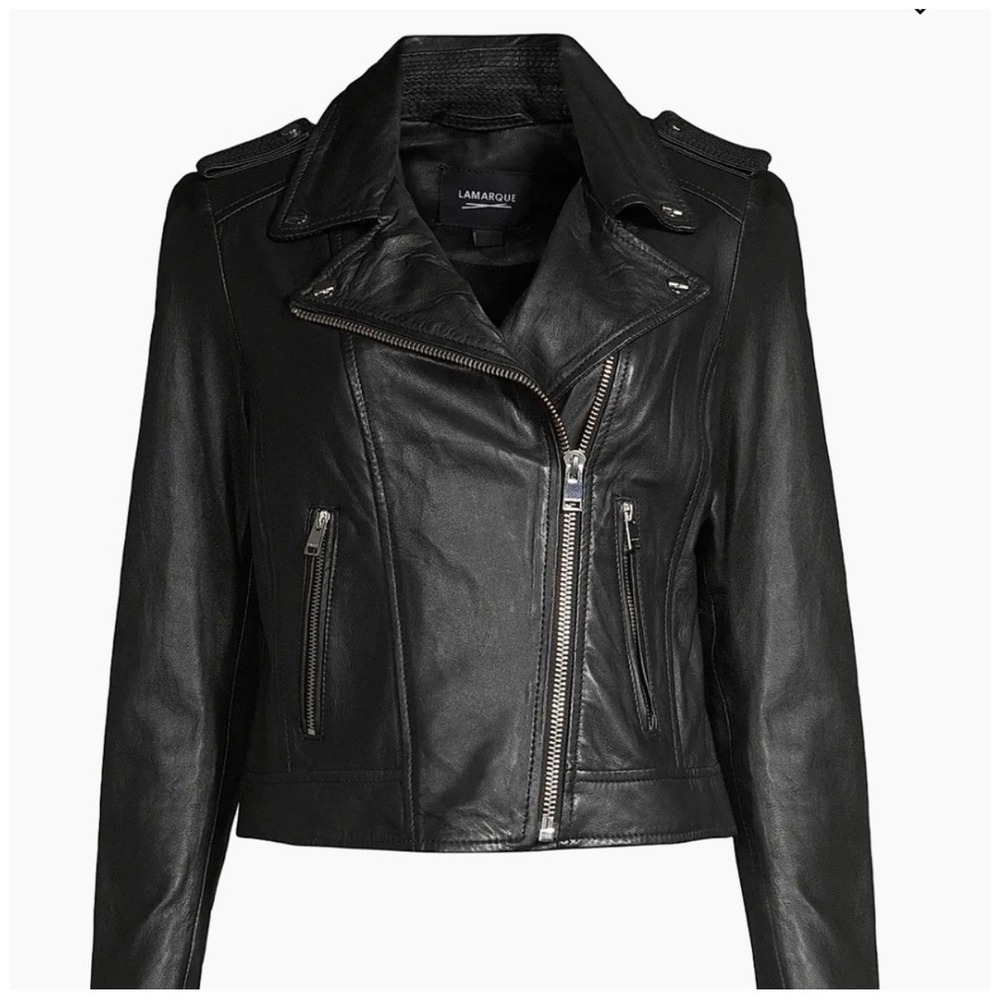 Lamarque Donna Moto Jacket Women XS Black Leather Biker Asymmetric‎ Zip